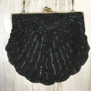 Beaded kiss lock black and gold evening bag